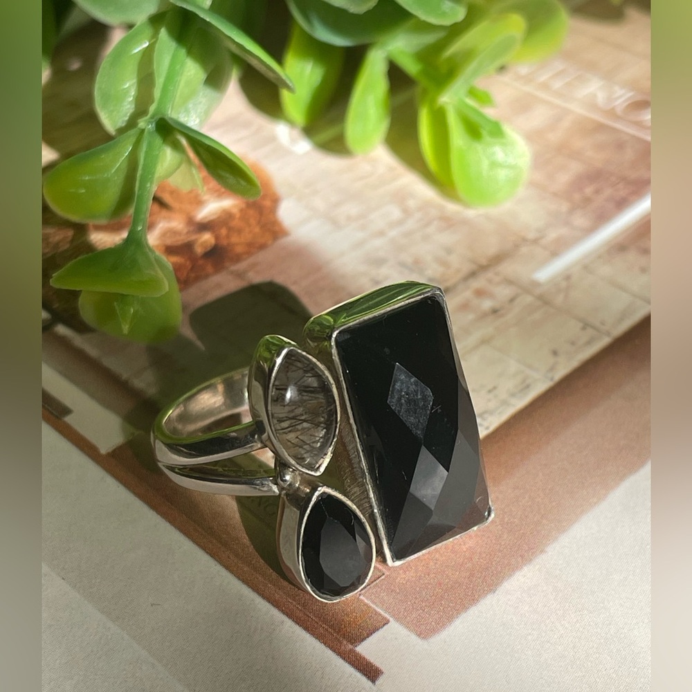 Ring Black Onyx multi stone statement Ring in 925 Sterling silver (US 7 and up) - Picture 3 of 12
